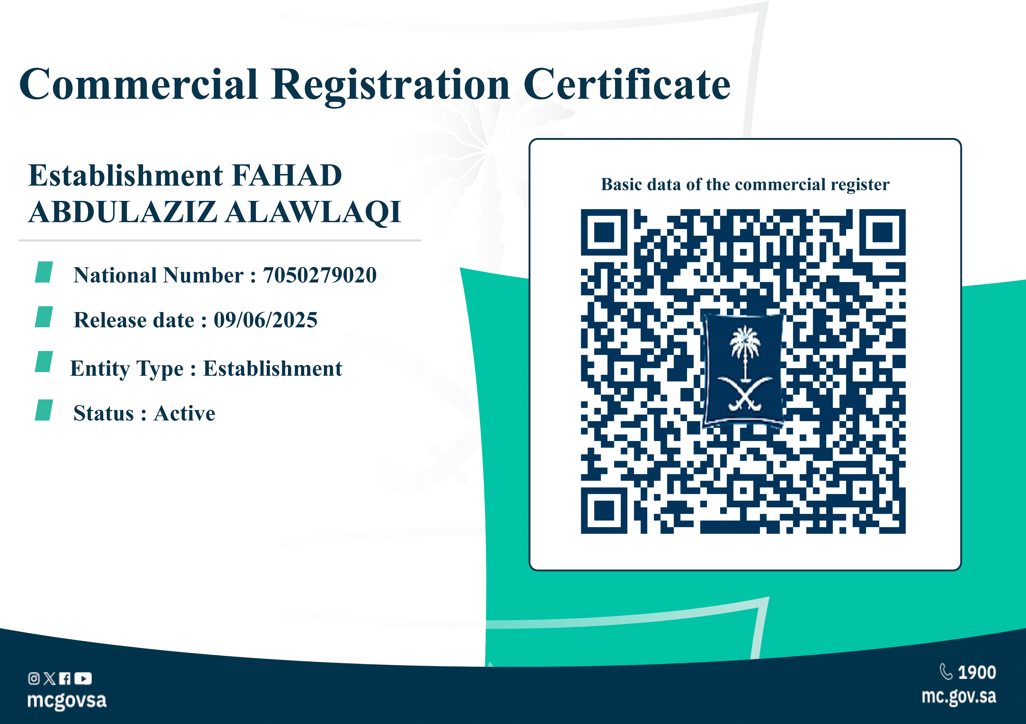 Commercial Registration Certificate: Fahad Alawlaqi Trading Est